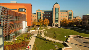 View of the Beckman Institute from the quad